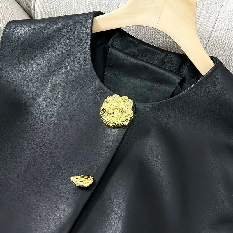 Chaleco de cuero ligero para mujer, cárdigan negro sin mangas, diseño de moda, primavera y otoño, 2024