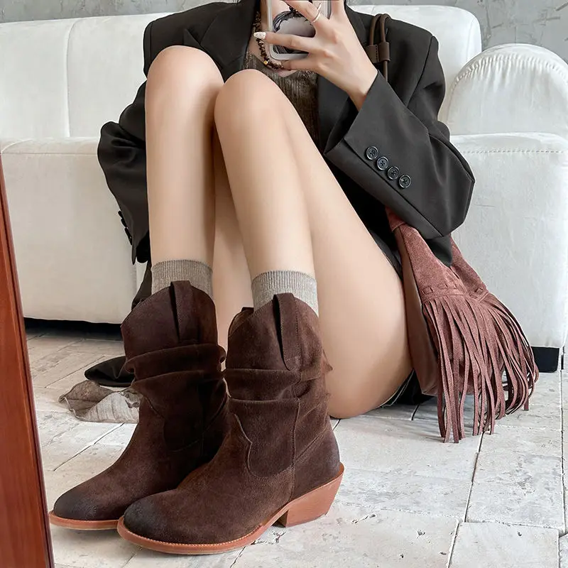 Western Boots Women Cow Suede Fashion Skin Lining Round Toe Ladies Street Sewing Boot Khaki Brown 5cm Block Heeled Ankle Boots image 6