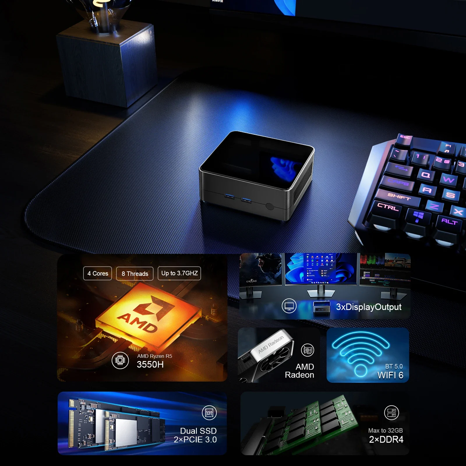 Chatreey  AN2C Mini PC R5 3550H Gaming Desktop Computer NVME SSD WIFI5 HD Windows 11 Pro