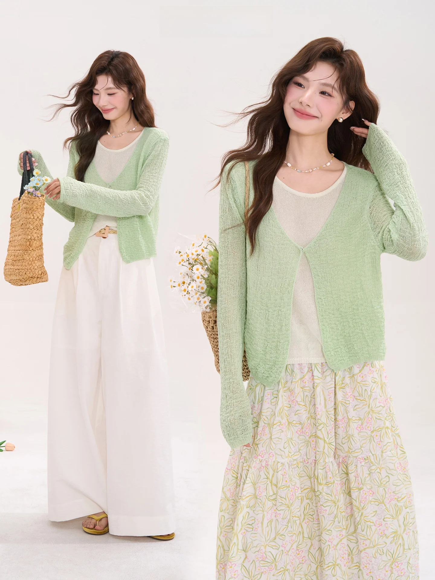 

Вязаный кардиган Island Romance для женщин: весенняя элегантность, имитация двухслойности, повседневный стиль, длинный рукав, стандартный крой.