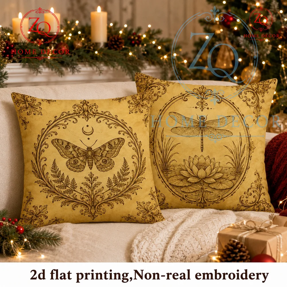 Vintage Gothic Moth  Damask Throw Pillow Cover Retro Yellow Witchy Botanical Cushion Case  Living Room Farmhouse Home Decor