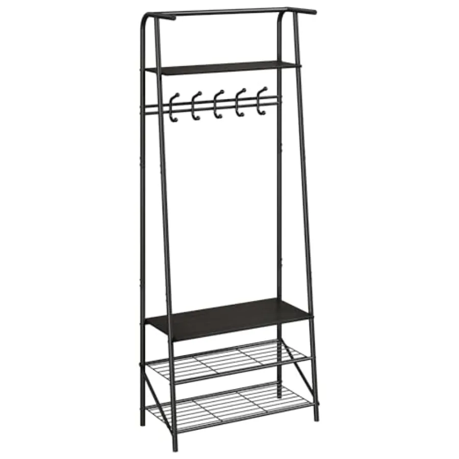 

4-In-1 Hall Tree Entryway Organizer with 5 Hooks and Shoe Storage Bench Sturdy Metal Frame Metal Look Accent for Coat Hat and B