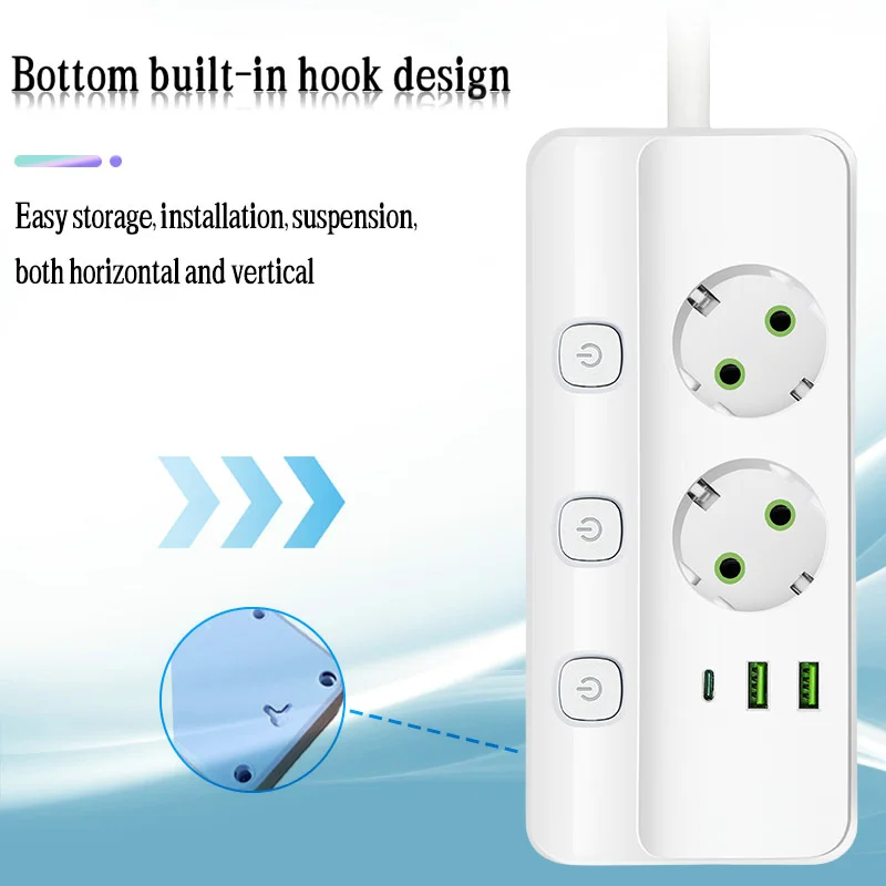 الأبيض 2 متر تمديد كابل الاتحاد الأوروبي التوصيل القياسية المقبس USB و Type-C منافذ الشحن LED التبديل المستقل 2500 واط تصنيف الطاقة