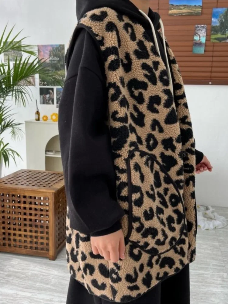 Autumn Winter Leopard Print Lambswool Sleeveless Coat Women Korean Style Fashion Ladies Jackets Loose Casual Woman Vests Coats