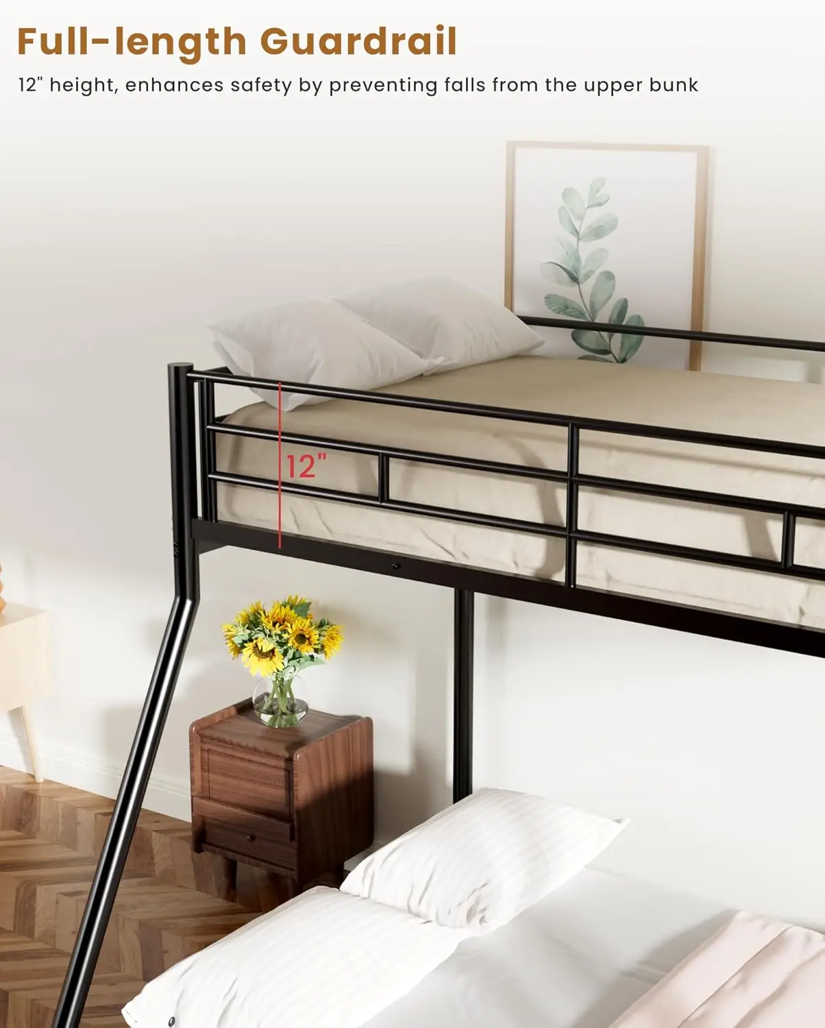 سرير مزدوج بطابقين كامل، إطار معدني شديد التحمل، سلم EVA، درابزين كاملة، أسود