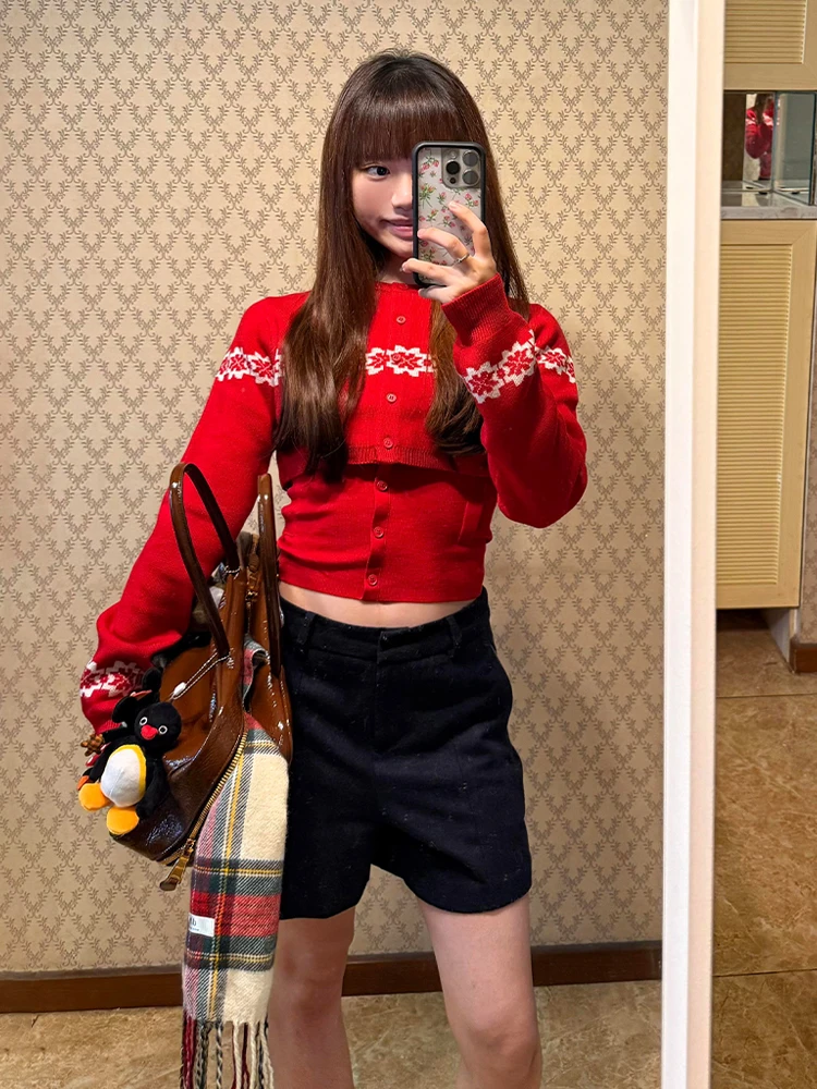 

Feilao Island Snowflake Knitted Open Cardigan Women's Autumn High-End Red Strap Vest Slimming Two-Piece Set Top Ciwalk Soft...