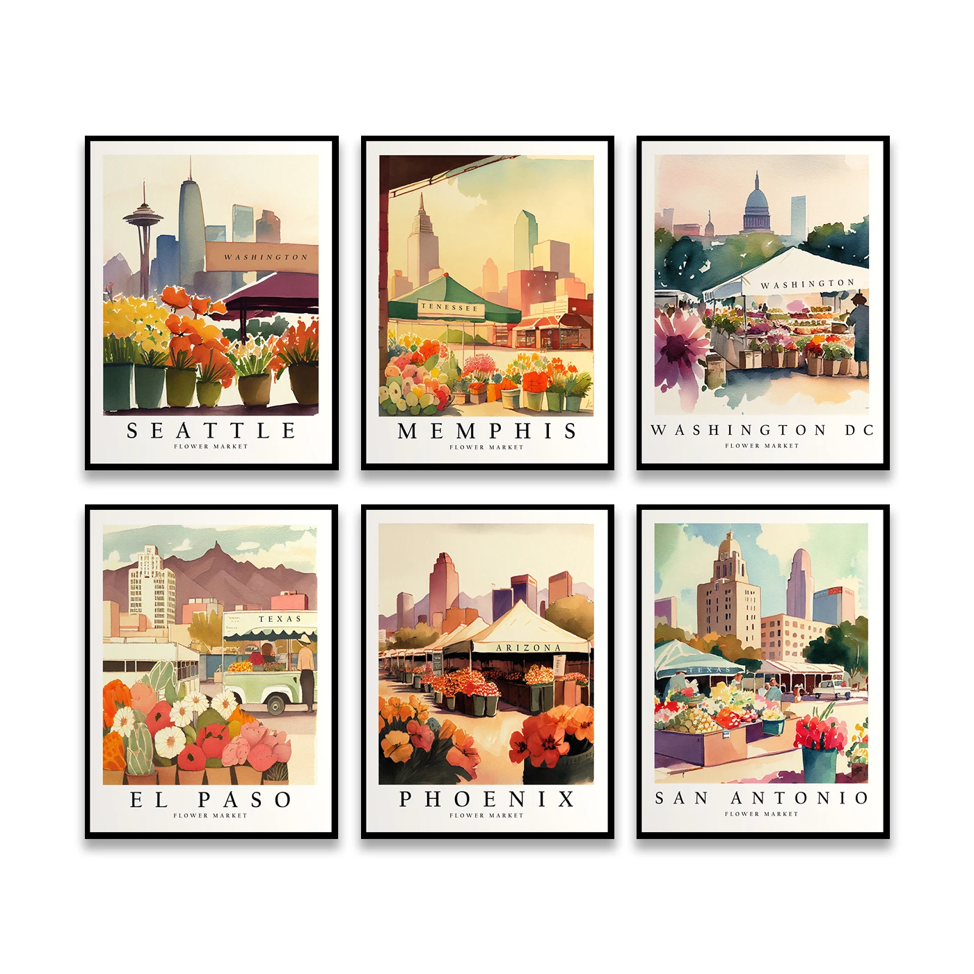 سان أنطونيو فينيكس سان دييغو إل باسو شارلوت ممفيس واشنطن سياتل سان خوسيه. ملصق سوق زهرة المدينة