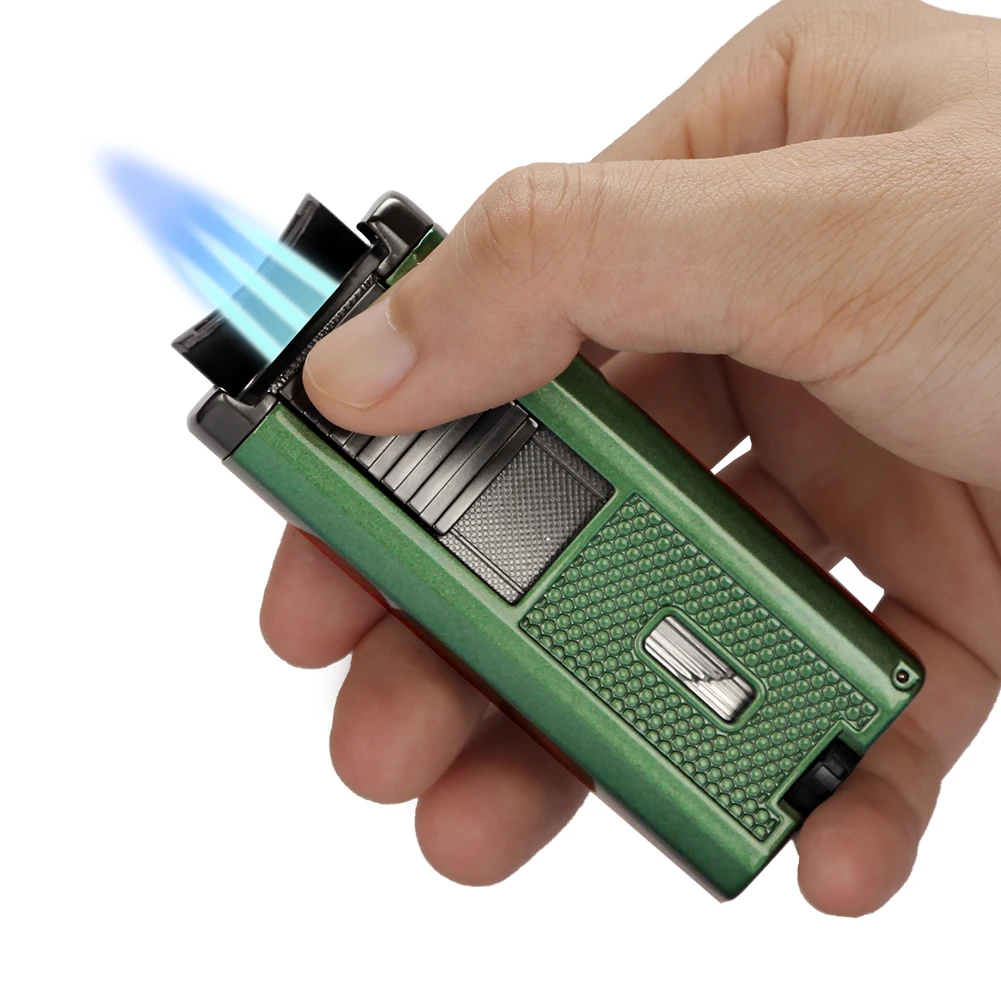 LUBINSKI Cigar Lighter With Needles Cigar Punch Metal Butane Gas Torch 3 Jet Flame Cigar Lighters