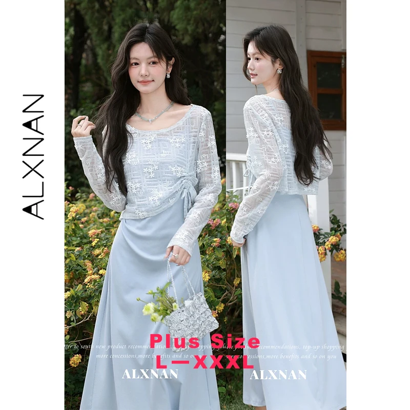 

ALXNAN Plus Size Gray Blue T-shirt Women Lace Embroidered Hollow Out T-shirts Drawstring Design Long Sleeve Tops Ladies D62905