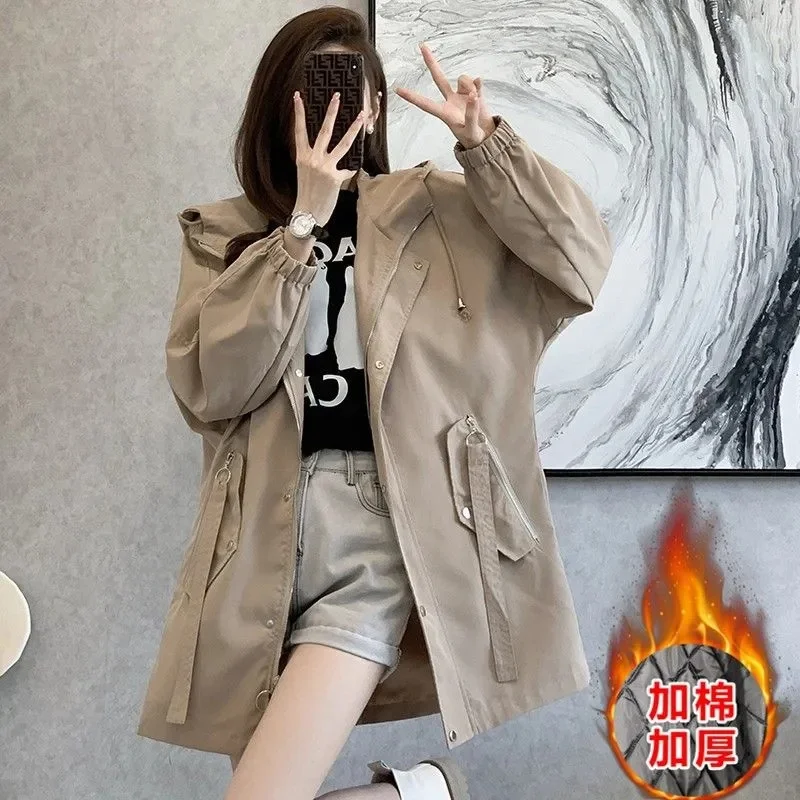 Add Cotton Windbreaker Jacket Women's Long 2024 Autumn and Winter New Korean Loose Casual Joker Hooded Cotton Clothes M889