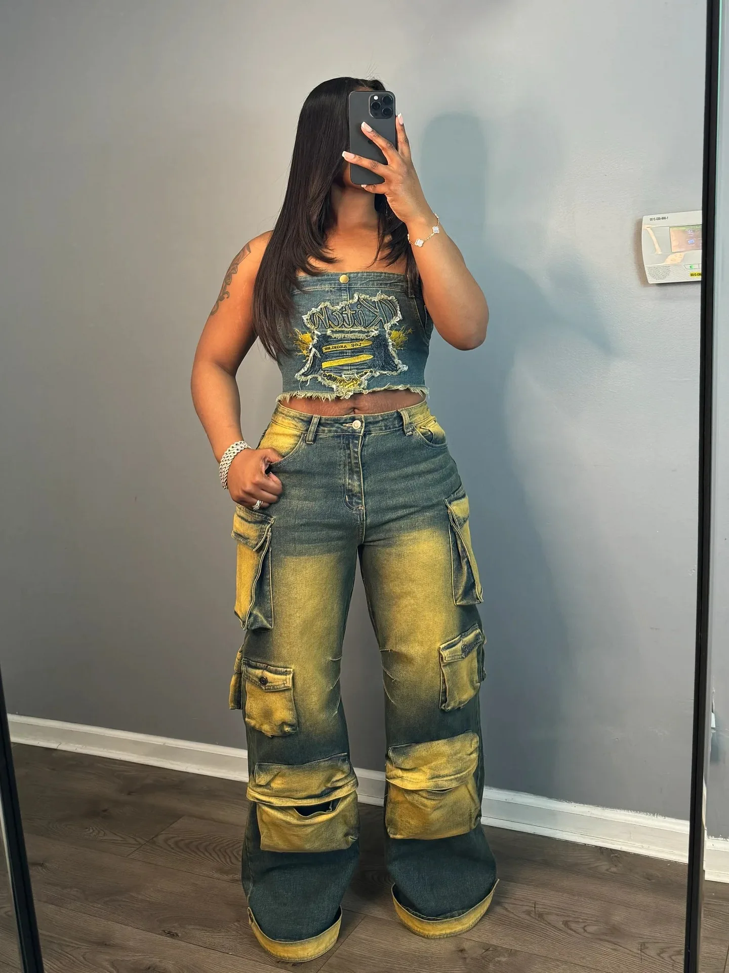 

Women Denim Pants Summer Casual Baggy Multi Pocket Elastic Denim Cargo Pants Streetwear Lady High Waist Straight Jean Trousers