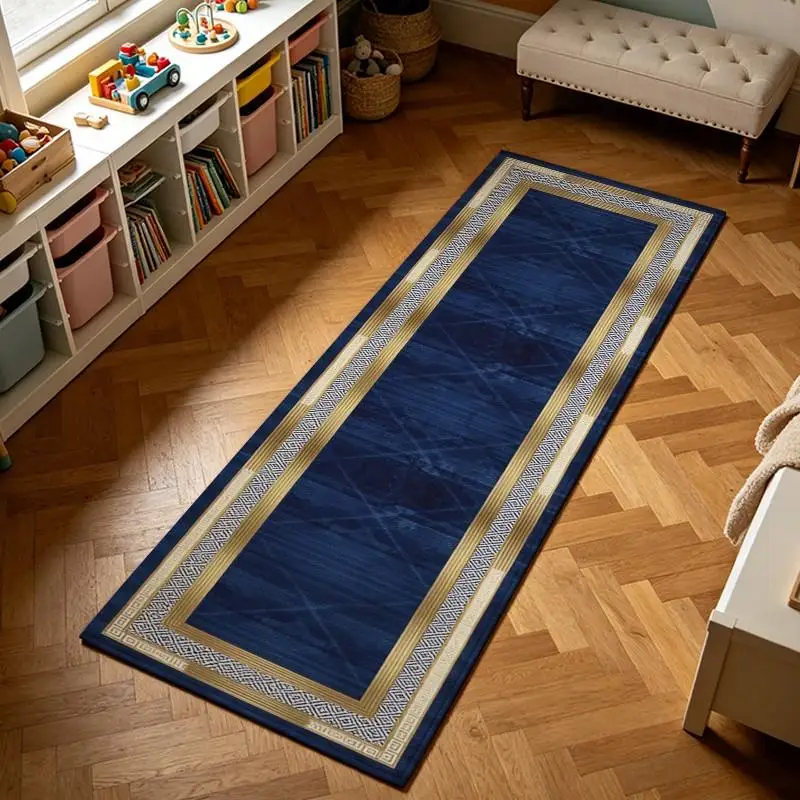 Noble Navy Blue Gold Border Carpet Flooring Luxury Classic Frame Area Rug for Dining Room Home Decor