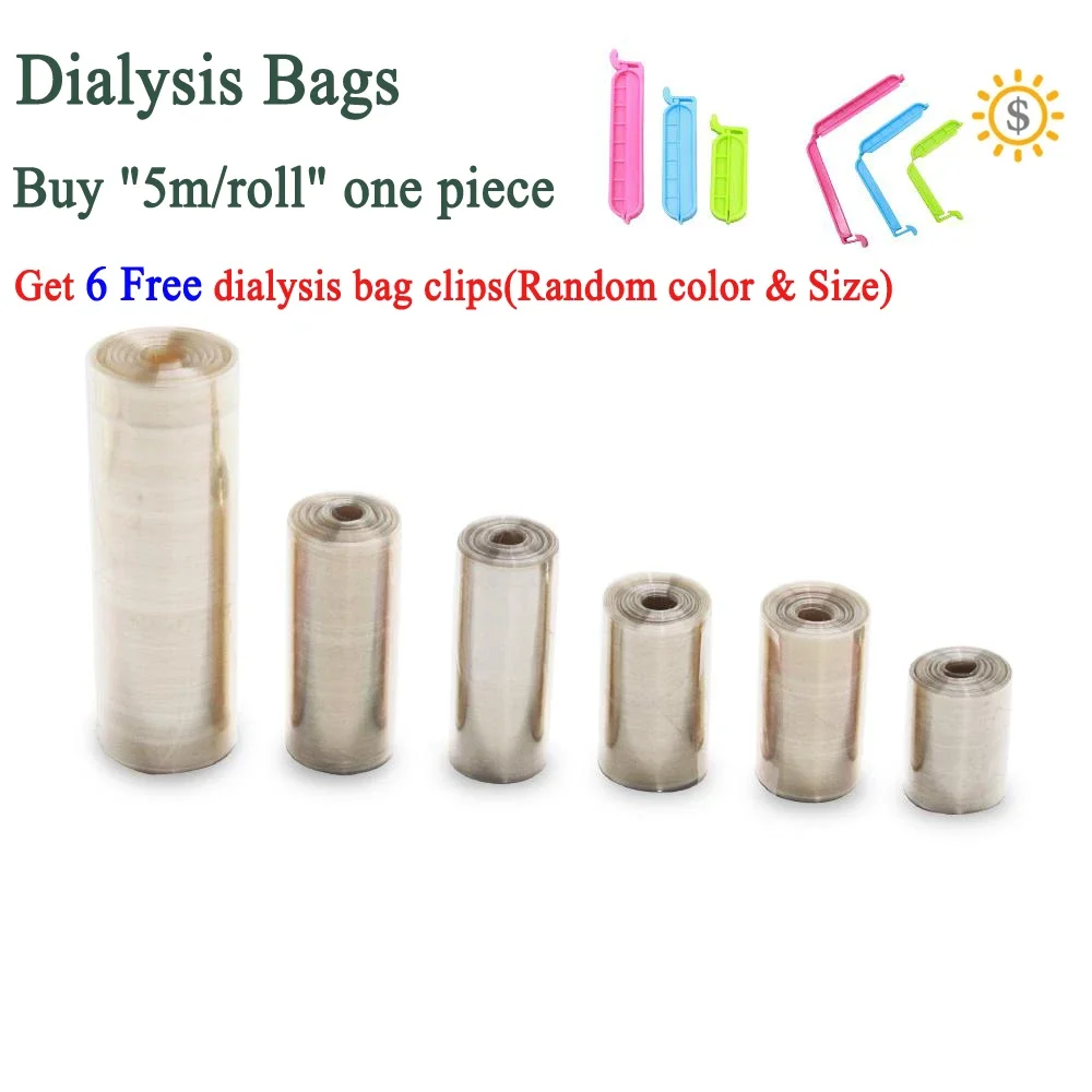 

Dialysis Bag MD25/34/44/77mm Dialysis Membrane Molecular Weight MW3500-14000 Experimental Dialysis Membrane 5m/roll Free Clip