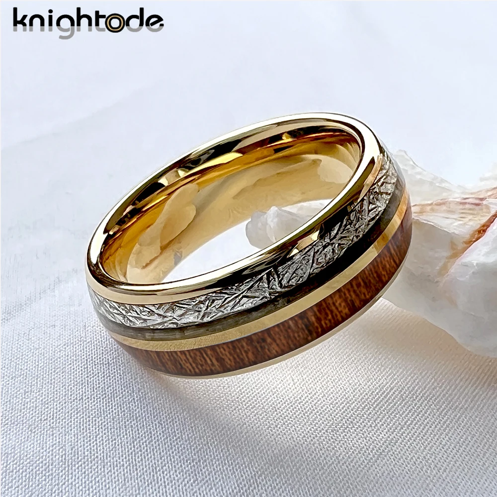 8mm Gold Color Tungsten Carbide Wedding Band White Meteorite/Koa Wood Inlay Men Women Fashion Lovers Ring Dome Polished Comfort