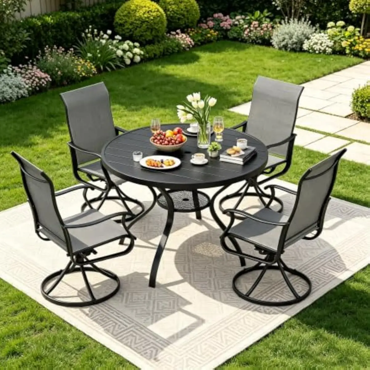 5-Piece Modern Outdoor Dining Set Featuring 41-Inch Round Table with Umbrella Hole Plus Four Ergonomic Swivel Chairs Featuring 3