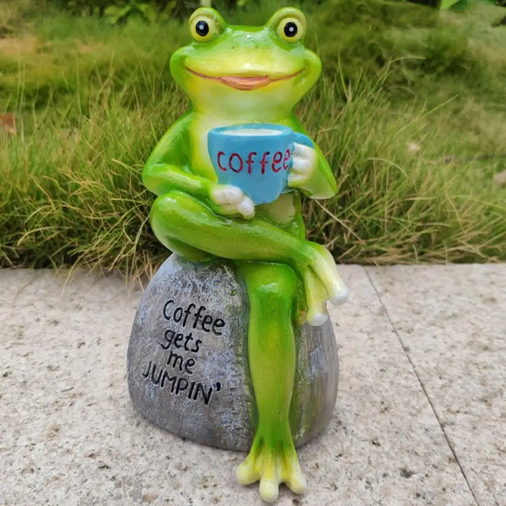 Frog Figurine  Durable Frog Stone Statue Drinking Coffee Garden Statue  Portable Drinking Coffee Frog