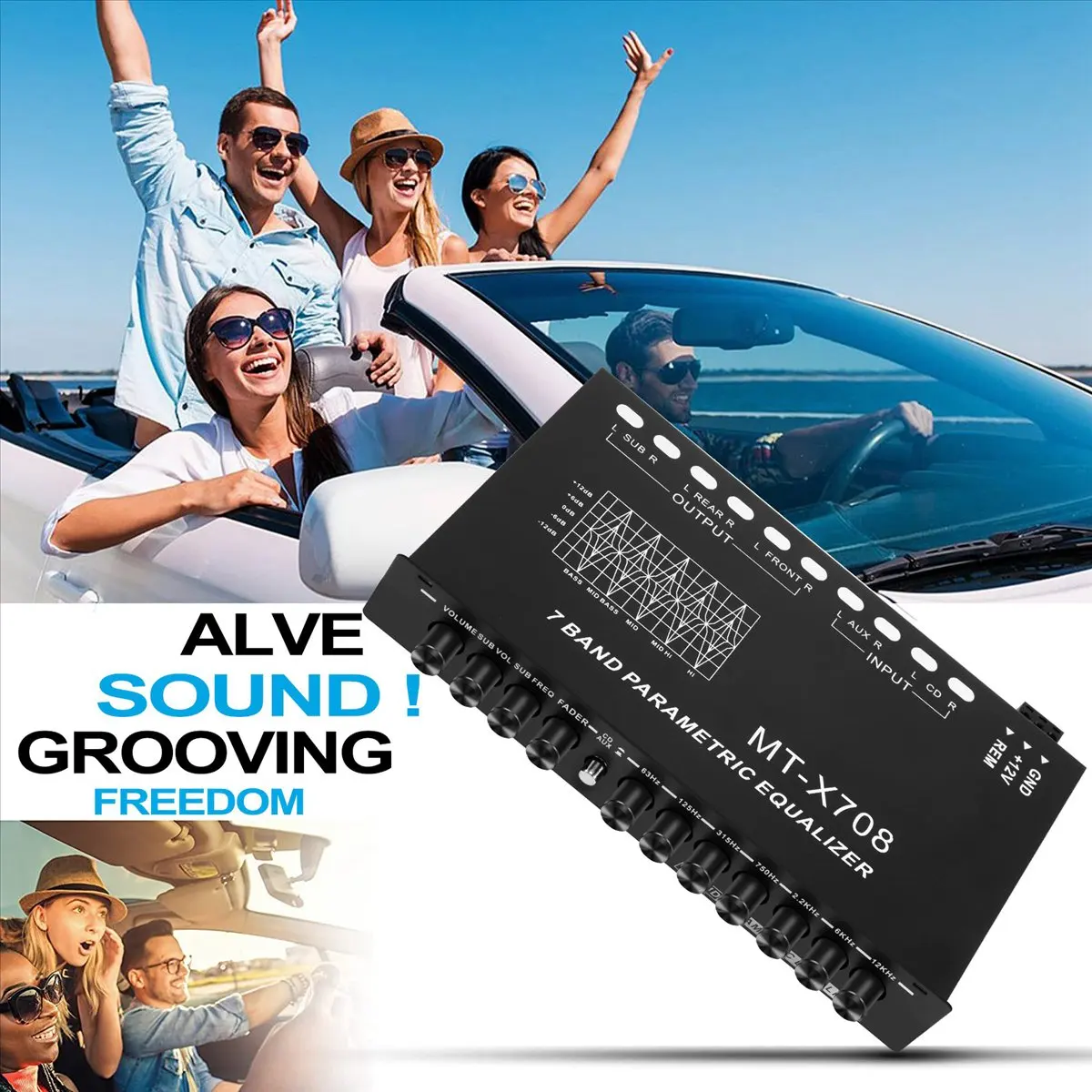 ABME 7-Band Car Audio Equalizer, Adjustable 7 Bands EQ Car Amplifier Graphic Equalizer with CD/AUX Input Select Switch,Black