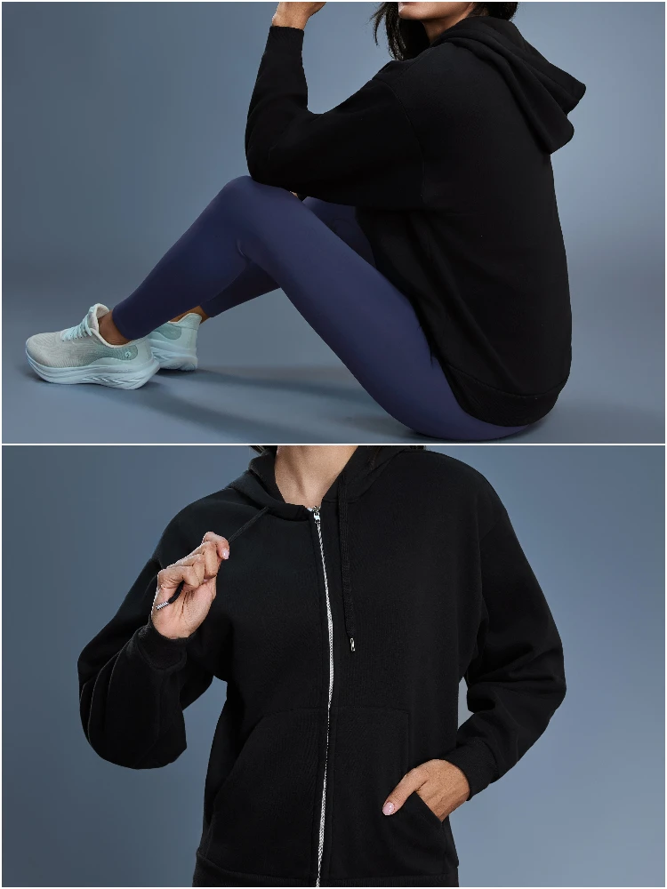 VITALINOVO Damen-Herbst-Kapuzenpullover mit Reißverschluss, Sweatshirts, Fleece-gefütterte Winterjacke mit Kapuze und Kordelzug, locker sitzende Trainingsjacken, Oberteil – Detail 13