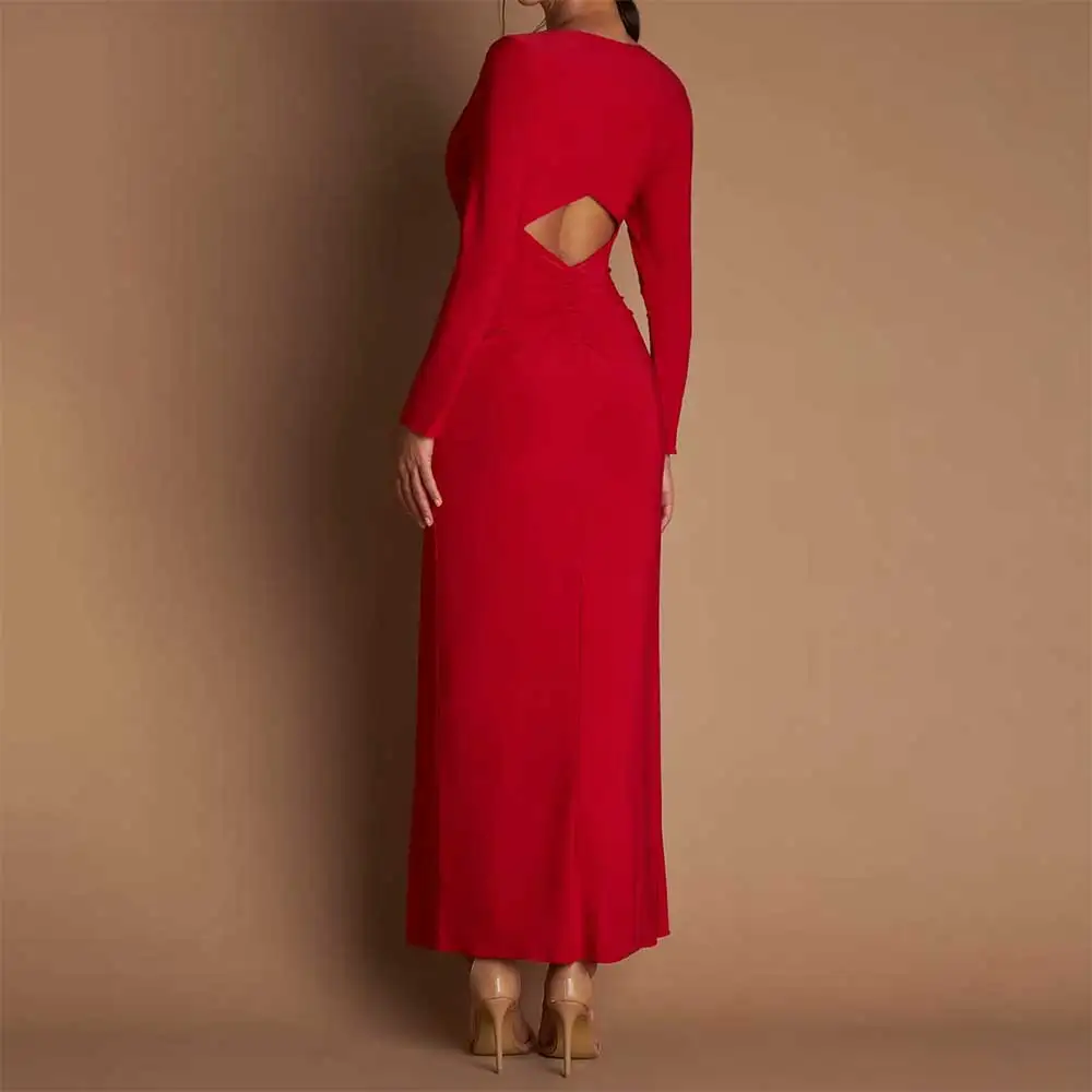 V Neck Long Sleeve Pleated Side Slit Evening Dress for Women Elegant Prom Party Dresses Formal Wedding Guest Gowns فساتين سهرة
