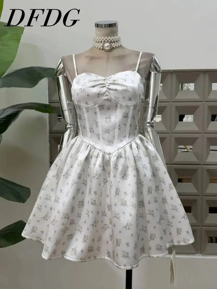 

DFDG Women 2026 Spring Summer Floral Corset Mini Dress Spaghetti Strap Bow Detail Ruched Waist Flared Hem Elegant Party Dress