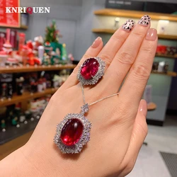 Luxury Vintage 15*20mm Ruby Gemstone Pendant Necklace Women's Rings High Carbon Diamond Wedding Fine Jewelry Sets Female Gift
