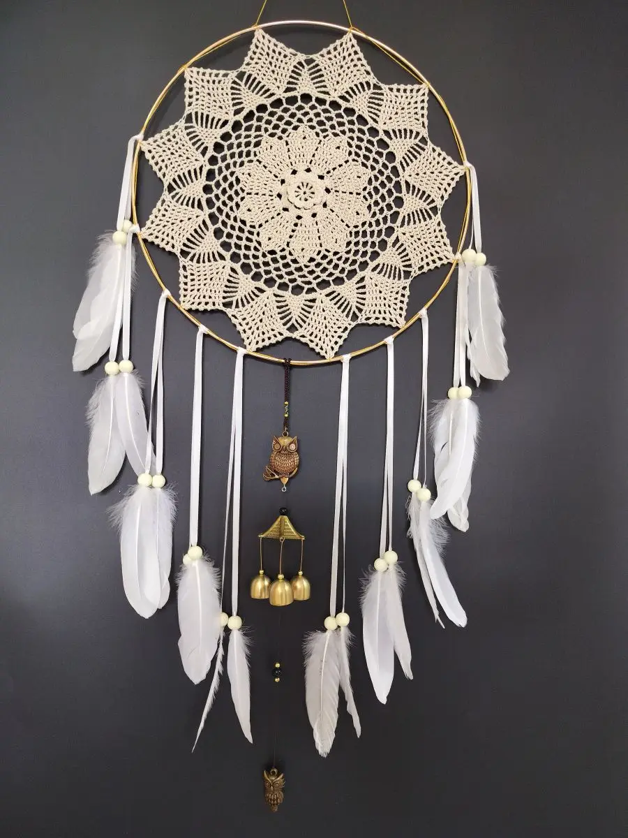 Owl Dream Catcher Pendant Windchime Home Hanging Decorations Handmade Beige Web Dreamcatcher Dangling Vintage Bronze Wind Chimes