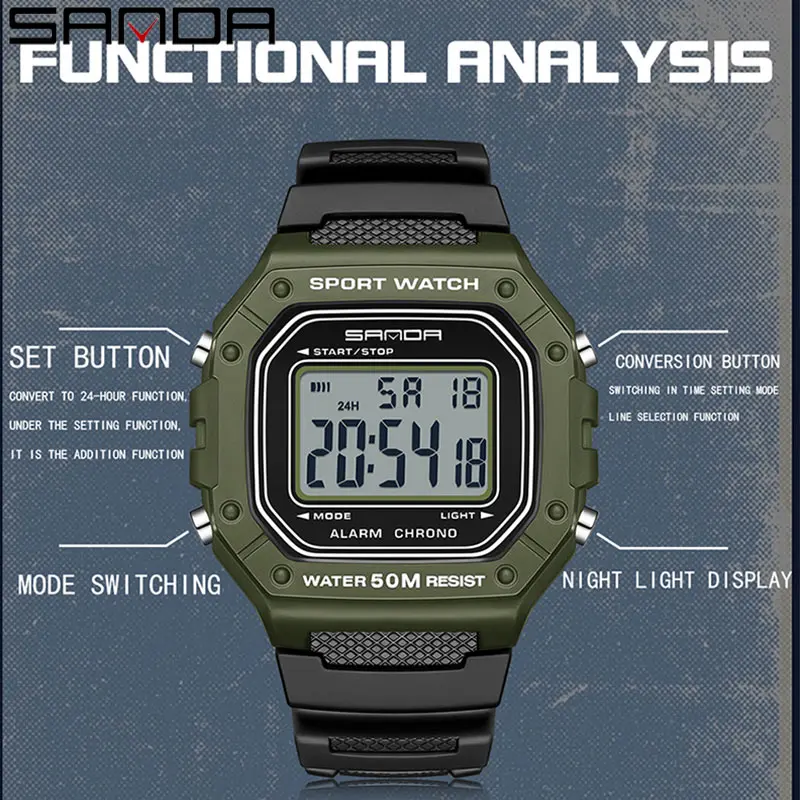 Sanda Fashion New Model Of Electronic Digital Movement Rectangle Led Display Dial Outdoor Army Big Dial Led Digital Wristwatch