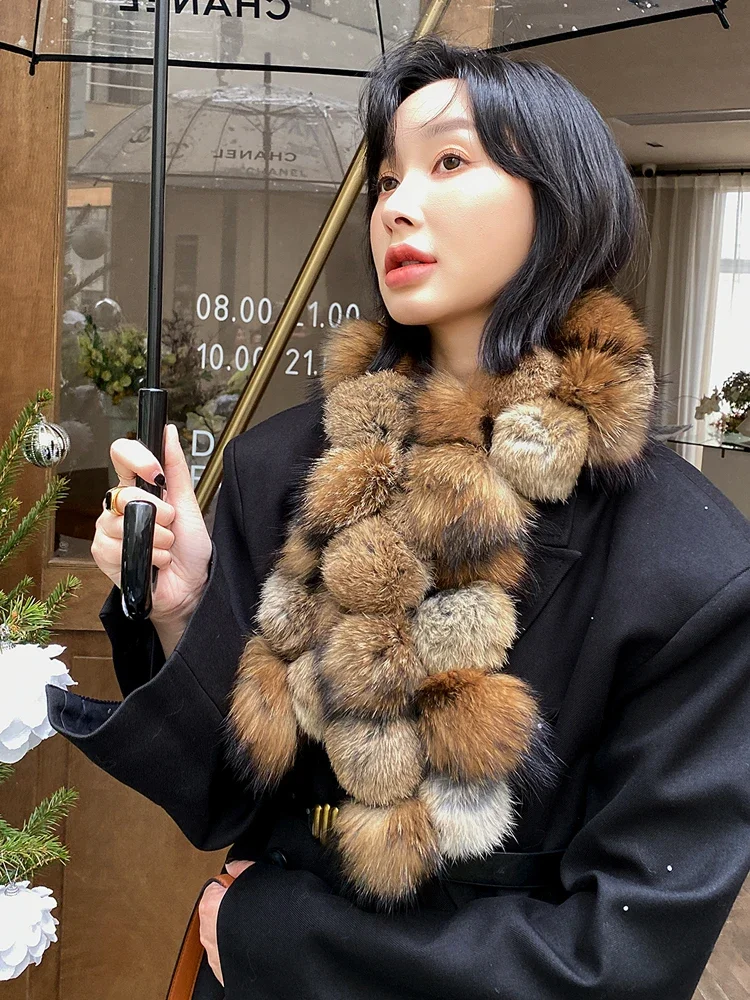 Women's Real Raccoon Fur Pompom Scarf Rabbit Fur Balls Neckerchief Muffler Natural Brown