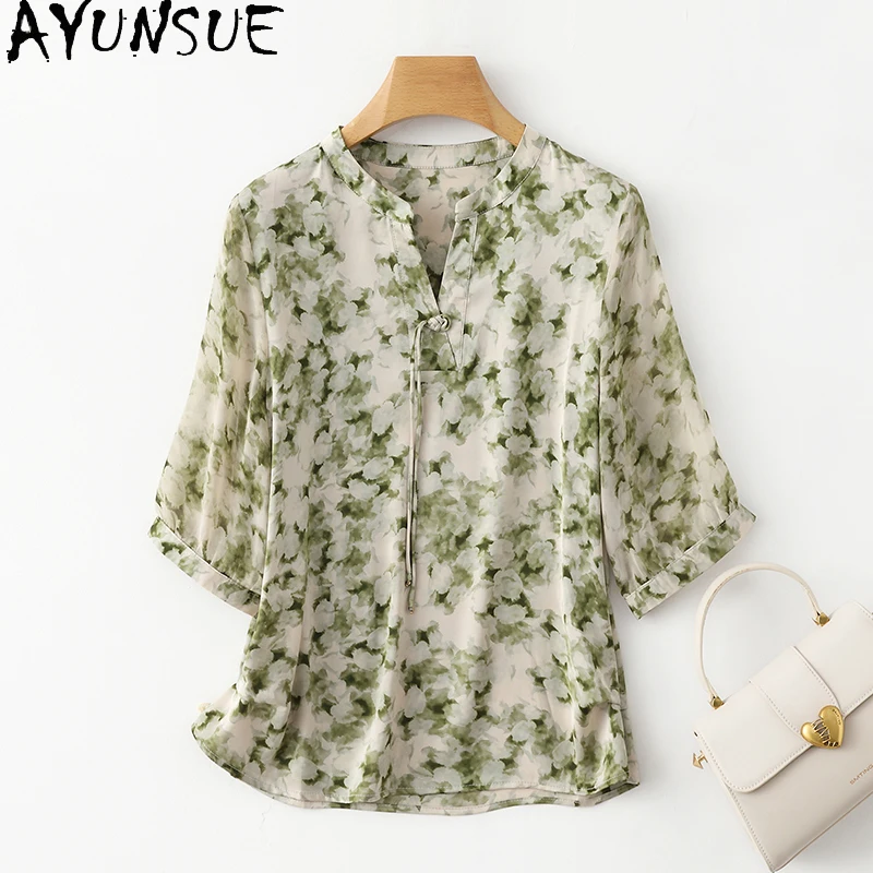 AYUNSUE 92% Real Mulberry Silk Shirt Women High Quality Womens Summer Clothes New Floral Shirts Blouses Tassels Short Tops 2024