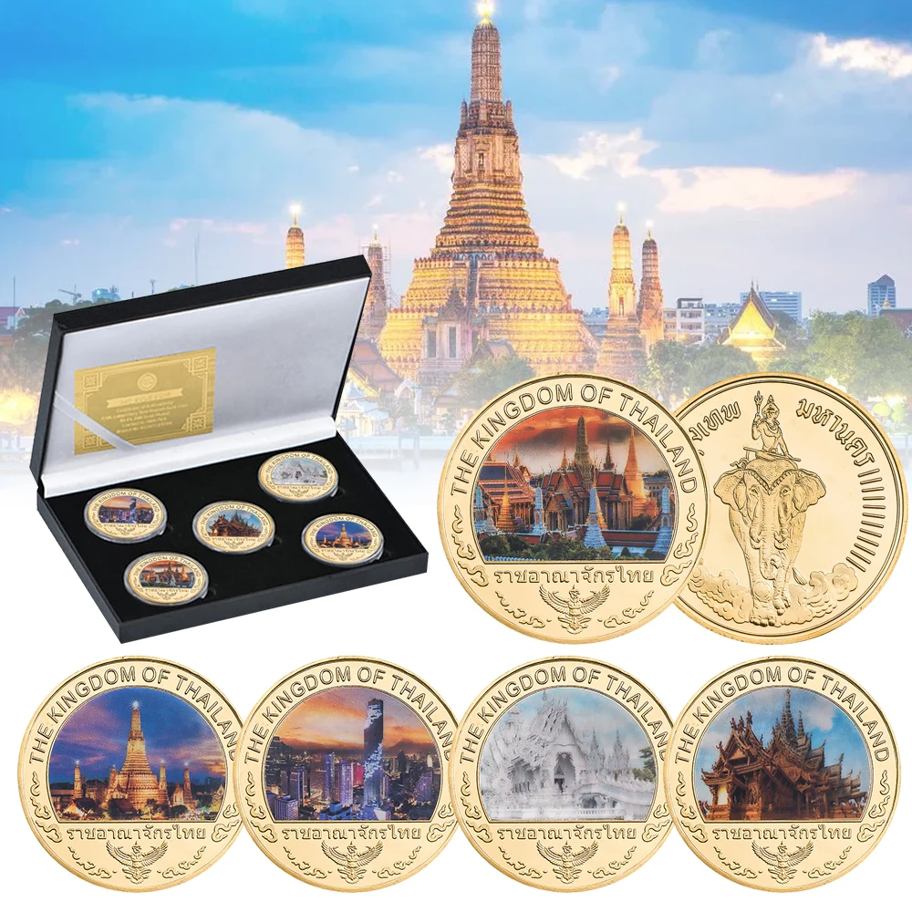 Thai Architecture Gold Foil Commemorative Coins Famous Attractions In Thailand Challenge Coin Set Souvenirs Collectible Gift