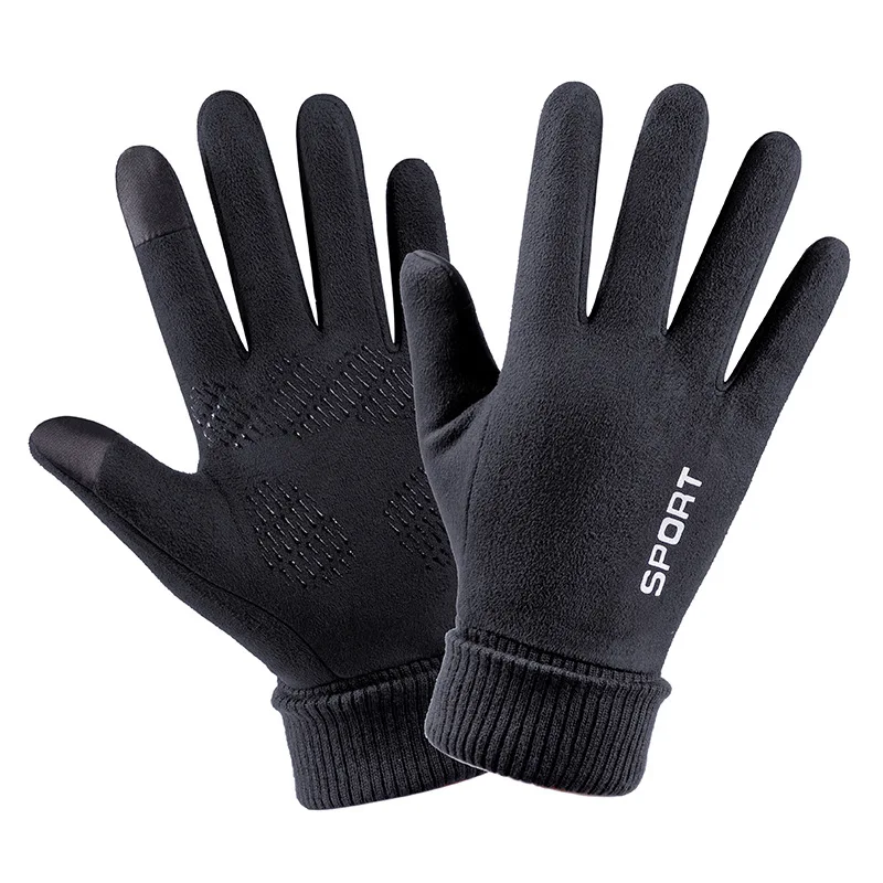 ผู้ชายหนังหนังนิ่มฤดูหนาว Plush หนาครึ่ง Finger Touch Screen Warm ขับรถถุงมือผู้ชายกีฬา Letter ขี่จักรยานขี่ Mitten p10