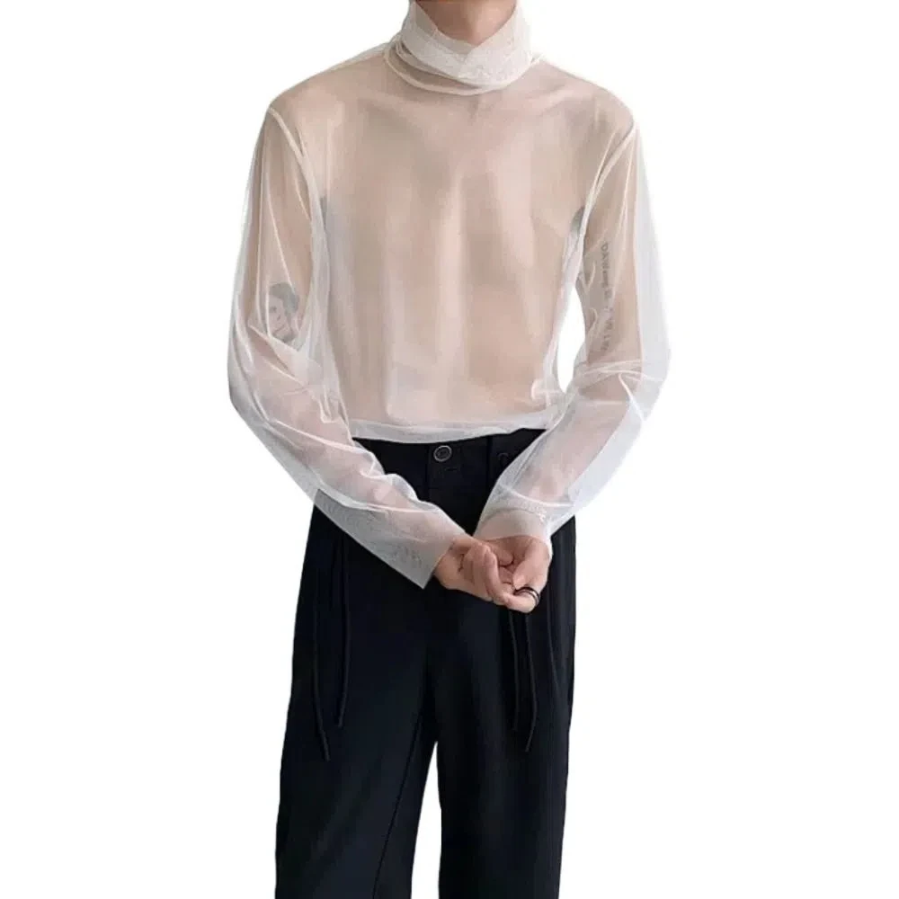 

Шикарная прозрачная футболка с высоким воротником, уличная футболка с длинным рукавом, однотонная майка, сетчатый топ, мужской дом