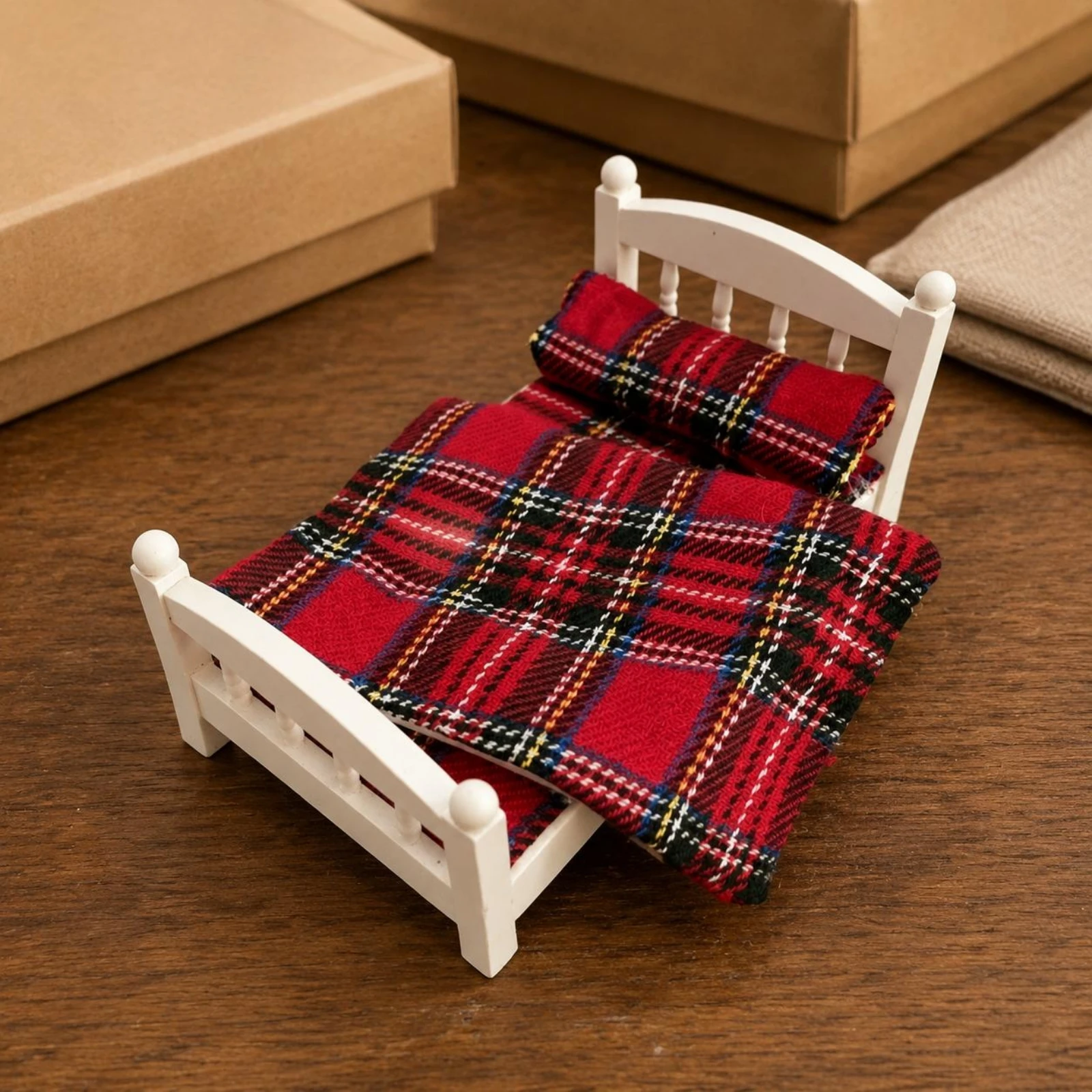 Miniature Baby Crib Red Plaid White Baby Crib Mini Cot Textile Bedding Dollhouse Accessory Flat Blanket-Design Cover view 5
