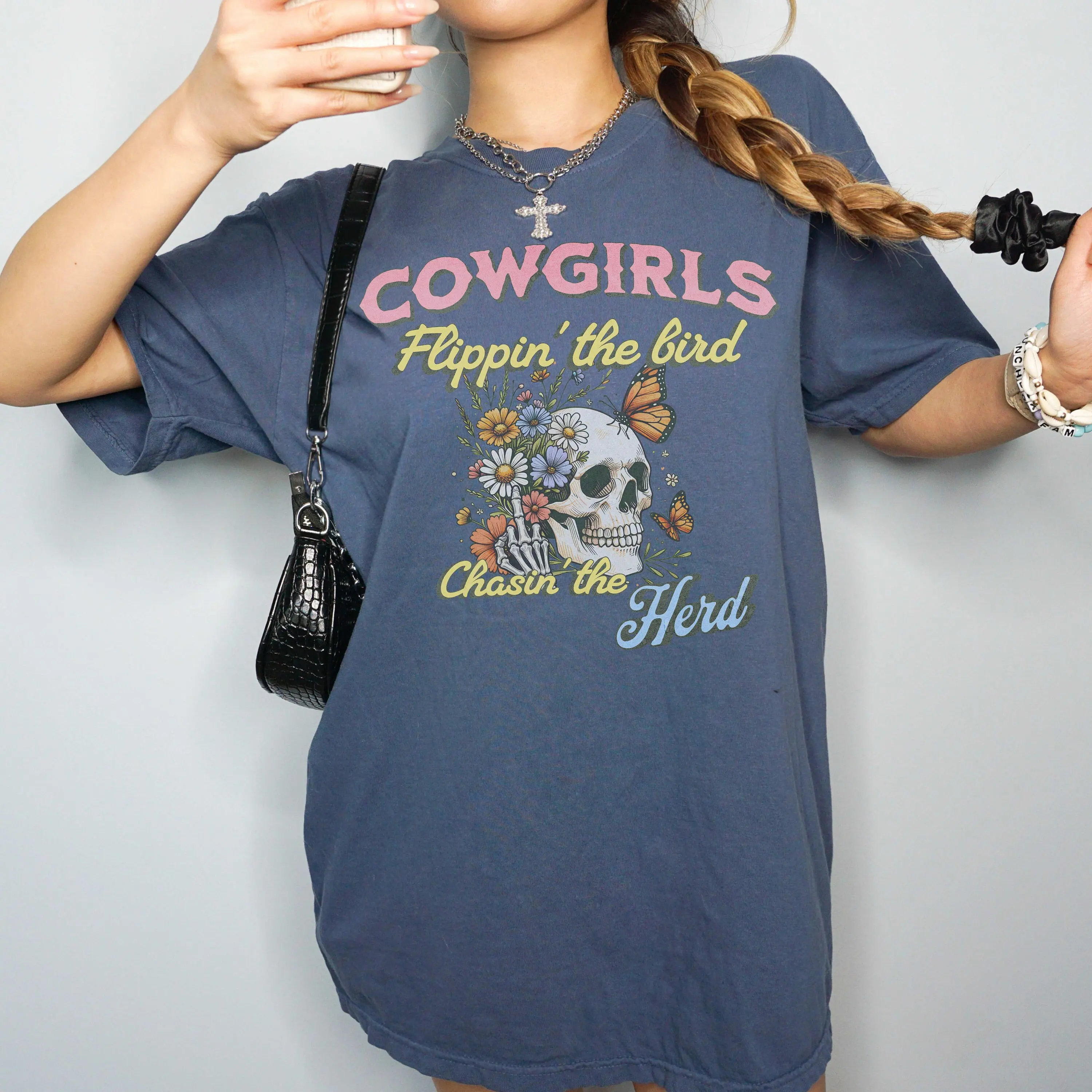 Cowgirl T Shirt Western Sayings Skeleton Middle Finger Cowgirls Flippin' The Bird Chasin' Herd