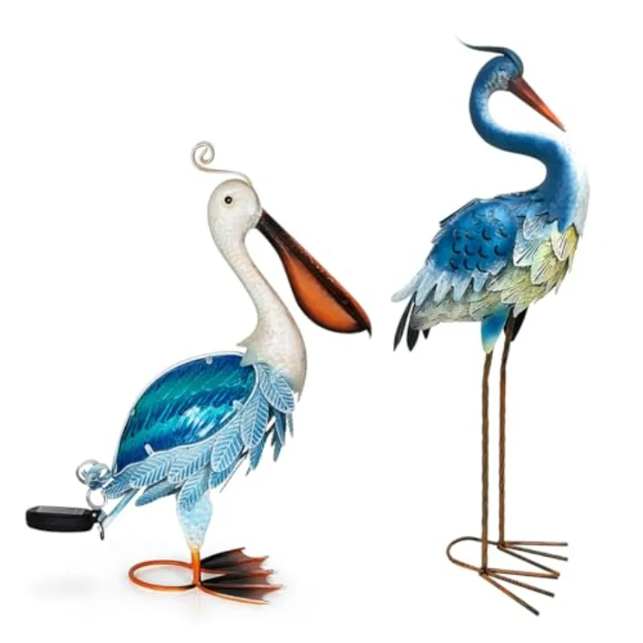 

Solar Metal Pelican Heron Statues Garden Sculpture 19 Inch Glass Outdoor Yard Art Coastal Ocean Bird Decor Lawn Orname