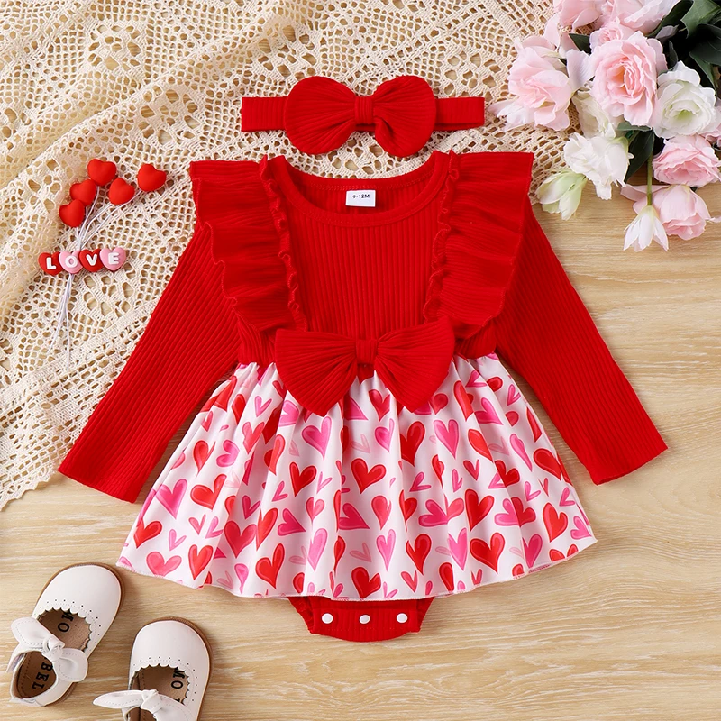 

Infant Valentine's Day Outifit Long Sleeve Heart Print Frill Trim Dress Ribbed Romper + 3D Bow Headband 2 Piece Baby Girl Set