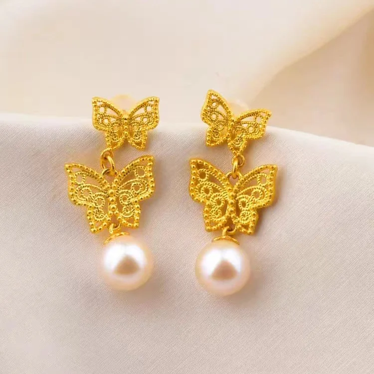 9999 24K genuine gold pearl hollow diamond earrings for women, fashionable and simple double butterfly earrings, new temperament