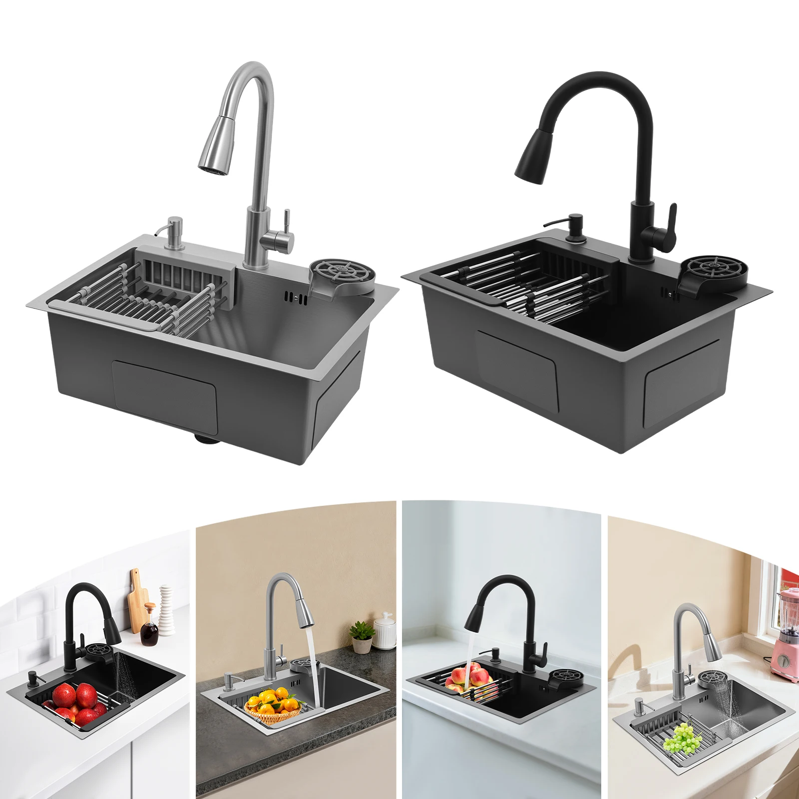 Fregadero Multifuncional Negro/Plateado de un Solo Tazón 55*40cm con Grifo Extraíble y Lavador de Tazas para Cocinas y Restaurantes