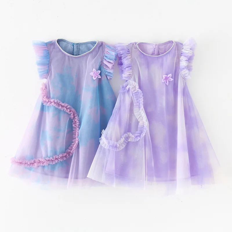New Elegant Girls Gradient Mesh Fairy Dress Teen Students Flowers Splicing Princess Dress Children Fluffy Piano Dress 2-10T