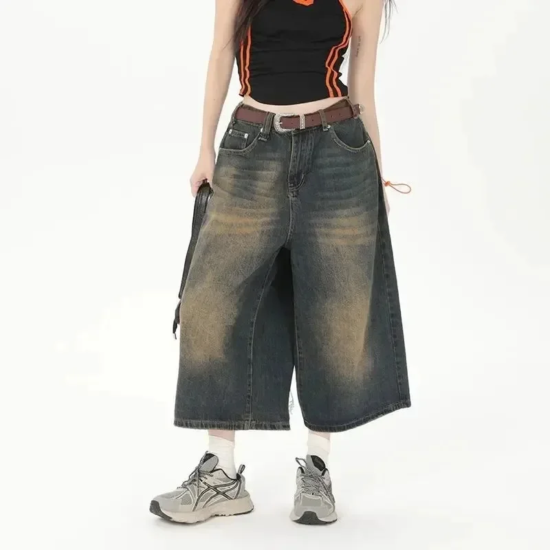 Kobiety Y2k Style Baggy Denim Shorts Wide Leg Short Pants Fashion High Waisted Dark Wash Knee Length Loose Unisex Jeans Casual