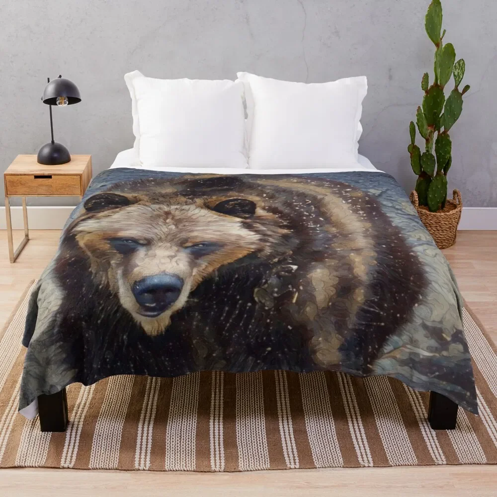 Grizzly Bear Print Pattern Fleece Throw Blanket, Lightweight Hypoallergenic Bed or Couch Soft Plush Blanket for Adults and Kids