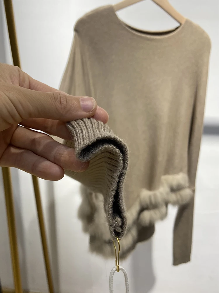 2025年女性用秋の本物のキツネの毛皮ニットオーバーサイズグレーセーターマント本物のキツネの毛皮無地ニットケープ