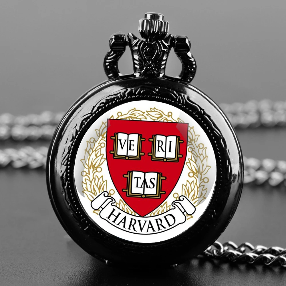 Harvard University Logo Design Quartz Pocket Watch with Chain Necklace Vintage Collection Gifts for Men Women