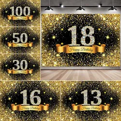 Happy 18th Birthday Party Banner Background Gold Black Party Decoration Extra Large Fabric Sign Poster For Photography Backdrop