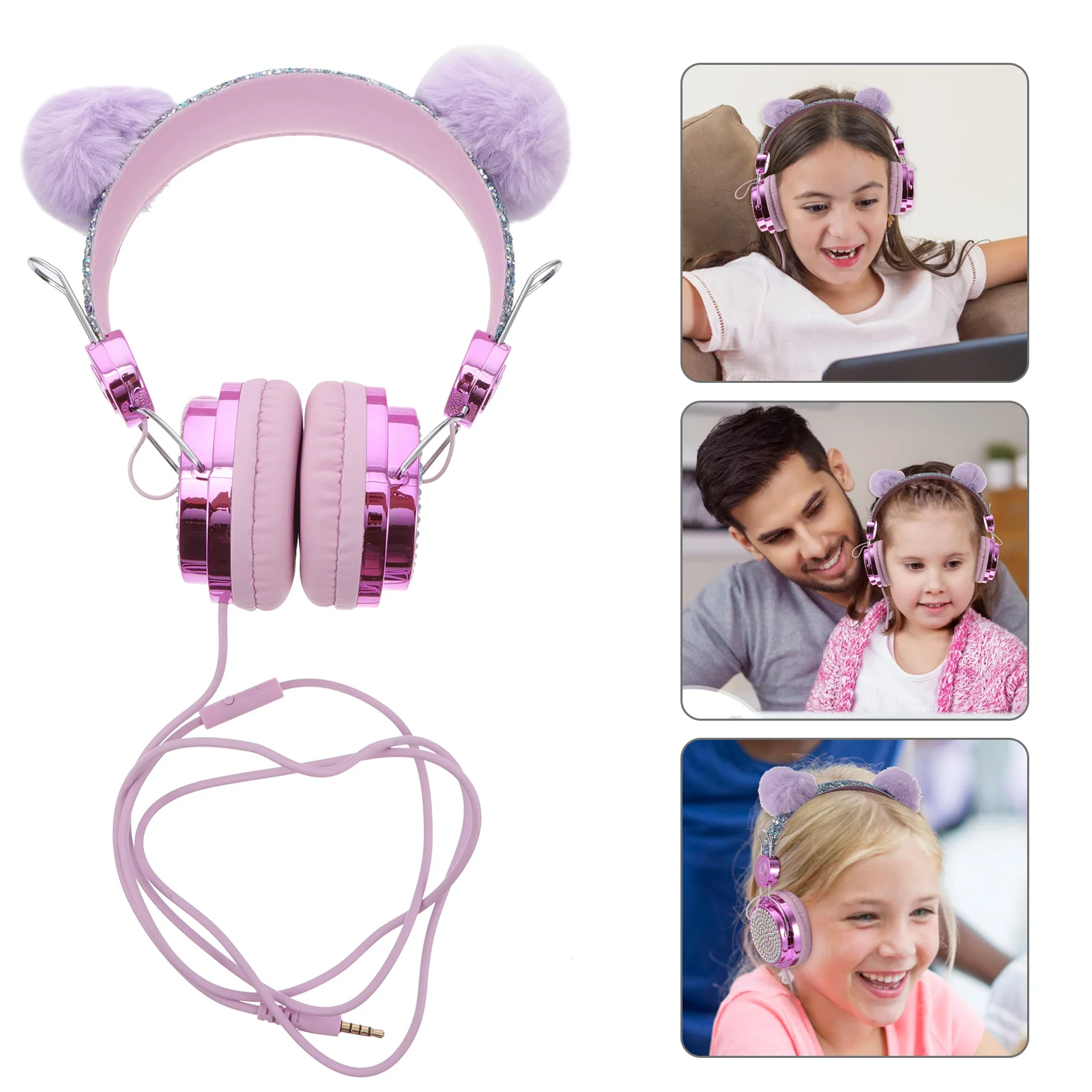 

Cat Ear Headphones Glitter Rhinestone Ball Over Ear Headset Headphones with Mic for School Travel