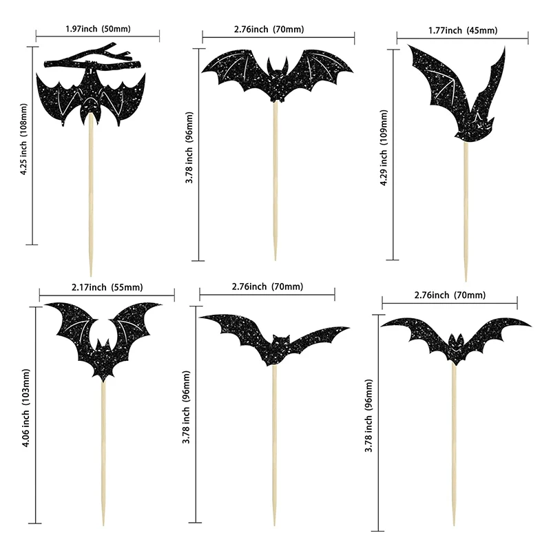 12/24Pcs Halloween Bat Cupcake Toppers Mixed Black Bat Cupcake Pick Flags Kids Halloween Birthday Party Cake Decoration Supplies