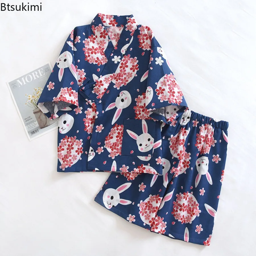 Double Layer Gauze Children's Pure Cotton Lace Up Kimono Pajamas for Boys and Girls Thin Style Mid Sleeved Shorts Home Clothes