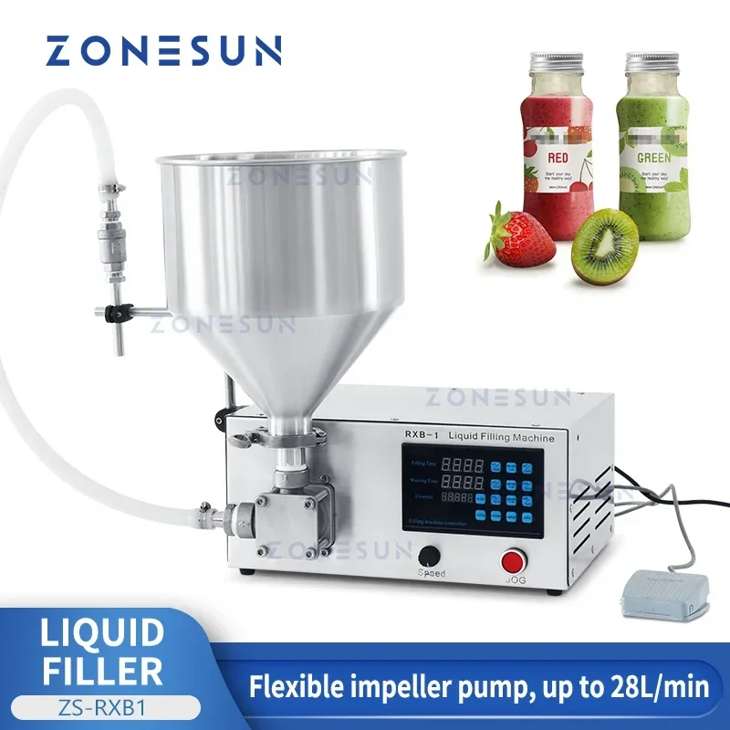 

ZONESUN Liquid Paste Filler with Granules Sauce Jam Bottle Jar Flexible Impeller Pump Footswitch Hopper Digital Control ZS-RXB1