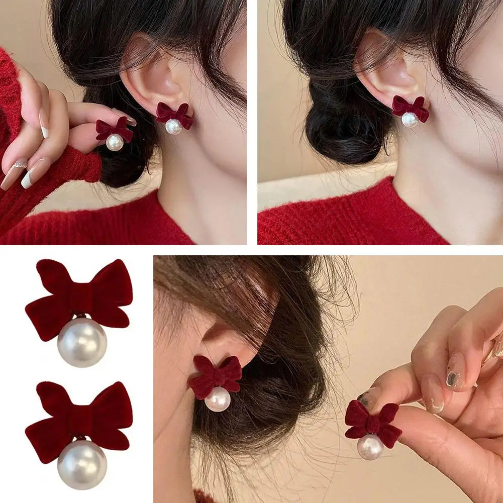 Moda floccaggio papillon orecchini pendenti con perle gioielli francesi orecchio ragazza rossa nuovo velluto retrò nero bowknot orecchino arco anno L6F3