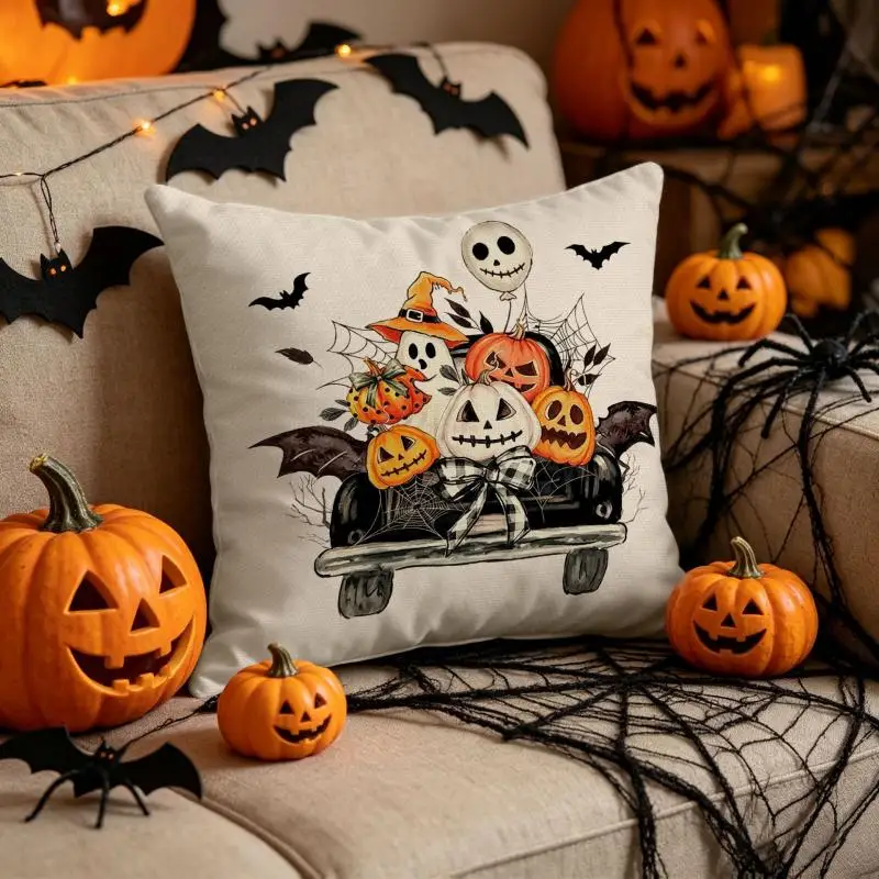 2 Stück Halloween Kürbis-Geist Auto-Print Kissenbezüge aus Polyester für Wohnzimmer-Sofa-Dekoration, Zierkissenbezüge – Detail 7